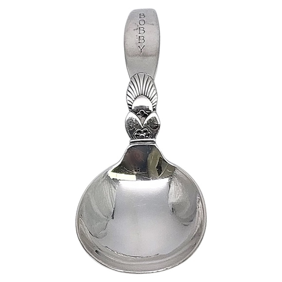 Georg Jensen Denmark Cactus Sterling Silver Curved Handle Baby Spoon Engr #18325 - Picture 2 of 10